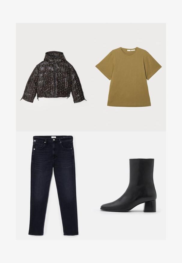 Stine Goya HOODED LONG SLEEVE PUFFER PADDED OUTERWEAR - Zimska jakna - brown/black; Maslinasto zelena majica kratkih rukava izrađena od mekog materijala, s okruglim izrezom i opuštenim krojem, prikazana na bijeloj pozadini.; Tamno plave traperice s ravnim nogavicama, pet džepova i metalnim dodacima na struku i džepovima. Glatka tekstura.; Crne kožne gležnjače s šiljastim vrhom i širokim kvadratnim potpeticom. Glatka tekstura s bešavnim dizajnom i minimalističkim šavovima.