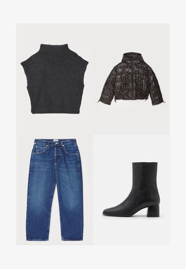 Stine Goya HOODED LONG SLEEVE PUFFER PADDED OUTERWEAR - Winter jacket - brown/black; Dark gray cropped sweater with a high neck, made of textured knit material and featuring short sleeves and a straight bottom hem.; Citizens of Humanity DAHLIA IN CLAREMONT - Relaxed fit jeans - dark-blue denim; Black leather ankle boot with a pointed toe and a chunky square heel. Smooth texture with a seamless design and minimalistic stitching.