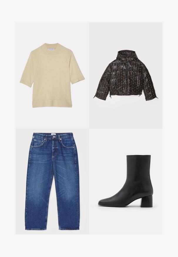 Stine Goya HOODED LONG SLEEVE PUFFER PADDED OUTERWEAR - Chaqueta de invierno - brown/black; Tiger of Sweden WINNIS - Camiseta básica - paper white; Citizens of Humanity DAHLIA IN CLAREMONT - Vaqueros boyfriend - dark-blue denim; Botín negro de cuero hasta el tobillo con punta afilada y un tacón cuadrado y grueso. Textura suave con un diseño sin costuras y un estilo minimalista en las costuras.