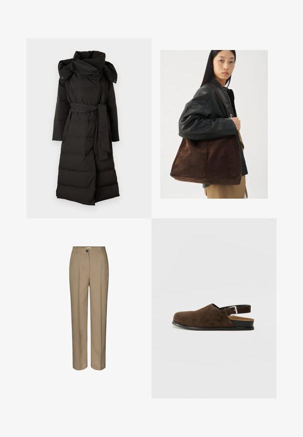 Copenhagen Muse MICCO HAT COAT - Piumino lungo - black; Camicia di lino bianca a maniche lunghe, con colletto button-down e bottoni frontali. Presenta un piccolo logo ricamato blu sul petto.; Pantaloni beige su misura con design a gamba dritta, dotati di una chiusura con un solo bottone e pieghe frontali pulite. Realizzati in un tessuto morbido.; Scarpa slip-on in suede marrone con tacco basso, cinturino regolabile con fibbia argentata e suola in gomma nera.; Borsa tote in suede marrone con forma ampia e texture morbida, caratterizzata da una strap singola e hardware minimale su uno sfondo neutro.