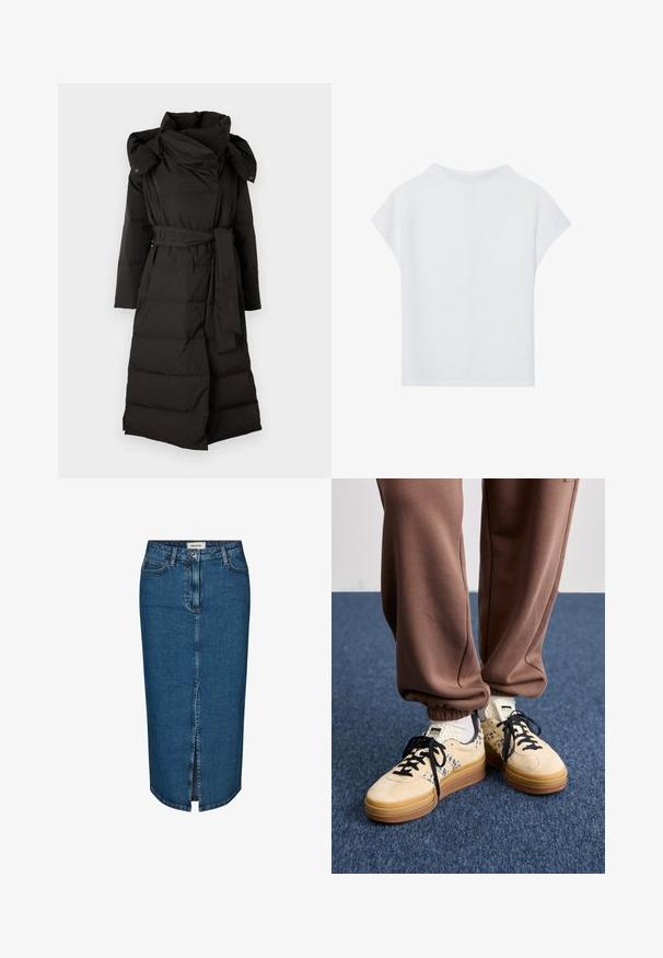 Copenhagen Muse MICCO HAT COAT - Pūkinis paltas - black; Balti trumpomis rankovėmis viršus, pasižymintis laisvu siluetu, lengvu audiniu ir apvalia iškirpte. Galinėje apžvalgoje matomas sklandus, paprastas dizainas.; Tamsiai mėlyna džinsinė pieštuko sijonas, turintis priekį įpjovą, penkis kišenes ir kontrastingą siuvimą. Vidutinio aukščio liemuo su klasikiniu dizainu.; adidas Originals GAZELLE BOLD - Sportbačiai - cream white/core black/cream white