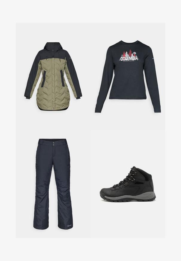 Casaco puf com um topo azul-marinho escuro e parte inferior verde-oliva, com fecho de zipper, bolsos laterais e detalhe de cordão no capuz.; Camisa de mangas longas cinza escuro com um gráfico de árvores vermelhas e montanhas; logótipo "COLUMBIA" em texto branco em negrito. Tecido suave, cuello redondo padrão.; Calças de esqui isoladas em azul marinho com um design de perna reta. Apresenta um fecho de correr e botão, bolsos e punhos reforçados.; Bota de caminhada preta com design de cano médio, apresentando um upper texturizado, detalhes cinzentos e sola de borracha durável com cravos de tração.
