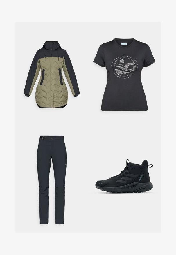 Pufi dzseki sötét tengerészkék felső résszel és olajzöld alsó résszel, cipzárral, oldalsó zsebekkel és kapucni húzózsinórral.; Fekete Columbia póló fehér, kör alakú hegy és folyó vonalrajzzal, valamint a "Columbia Sportswear Company Outside Since 1938" felirattal.; Férfi kültéri nadrág, sötétszürke, rugalmas anyagból készült, övvel, cipzáros zsebekkel és megerősített varratokkal.; Fekete túracipő texturált felsőrésszel, megerősített orral és gumitalppal. Három csíkos dizájnnal és párnázott bokakollárral rendelkezik a támogatás érdekében.