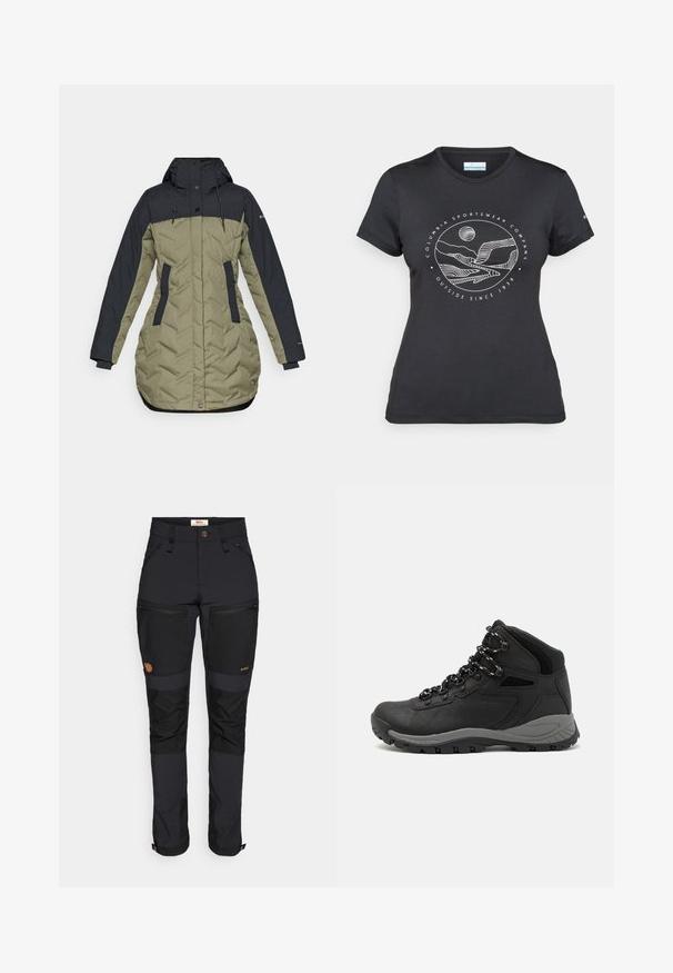Nafukovacia bunda s tmavomodrým vrchom a olivovozeleným spodkom, so zipsom, bočnými vreckami a sťahovacou šnúrkou na kapucni.; Čierne tričko Columbia s bielou kruhovou grafikou hory a rieky a textom "Columbia Sportswear Company vonku od roku 1938."; Fjällräven KEB AGILE TROUSERS - Outdoorové nohavice - black; Čierna turistická obuv s polovičným strihom, s textúrovaným zvrškom, šedými akcentmi a odolnou gumovou podrážkou s protišmykovými hrebienkami.