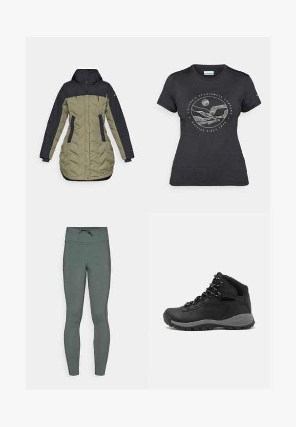 Casaco puf com um topo azul-marinho escuro e parte inferior verde-oliva, com fecho de zipper, bolsos laterais e detalhe de cordão no capuz.; T-shirt preto da Columbia com arte em linha branca circular representando montanhas e rios, e o texto "Columbia Sportswear Company Outside Since 1938."; Leggings de cintura alta em verde suave, feitos de um tecido elástico com uma textura suave e costuras planas; apresentam um cós com cordão.; Bota de caminhada preta com design de cano médio, apresentando um upper texturizado, detalhes cinzentos e sola de borracha durável com cravos de tração.