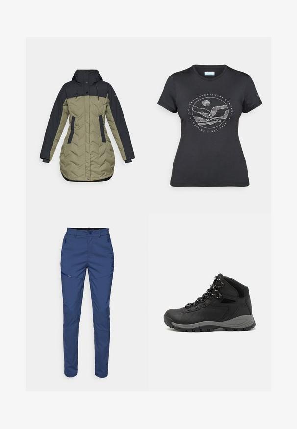 Puffjakke med mørk marineblå topp og olivengrønn bunn, med glidelås, sidelommer og hettekordel.; Svart Columbia t-skjorte med hvit sirkulær fjell- og elvlinjekunst og tekst "Columbia Sportswear Company Outside Since 1938."; Blå utendørsbukser med en tettsittende design, med glidelåslommer og et glatt, teksturert stoff. Holdbart materiale for aktiv bruk.; Sorte turstøvler med mid-topp design, som har en teksturert overdel, grå detaljer og slitesterk gummisåle med godt grep.