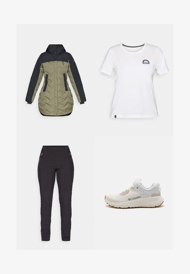 Purios pufferis su tamsiai mėlynu viršumi ir alyvuogių žalia apačia, su užtrauktuko uždarymu, šoninėmis kišenėmis ir gobtuvo raišteliu.; Balta medvilninė marškinėliai su apvaliu kaklu, trumpomis rankovėmis ir išsiuvinėtu logotipu, kuriame pavaizduota spalvinga kalnų grafika kairėje krūtinės pusėje.; Juodos lauko kelnės iš tamprios medžiagos, turinčios užtrauktukais uždaromas kišenes, kelio priekai ir kulkšnių užtrauktukus ventiliacijai ir lengvesniam judėjimui.; Lengvas Columbia sportinis batelis balto tinklinio audinio su tekstūruota pilka padanga ir guma sukibimui. Yra paminkštinta apykaklė ir raištelių dizainas.