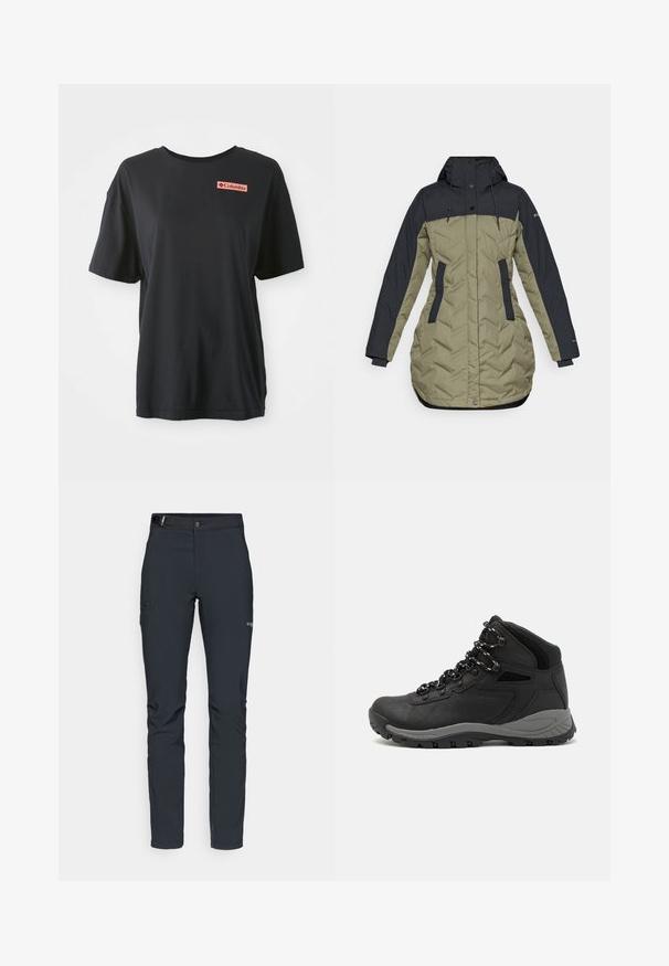 Puffjakke med en mørk marineblå top og olivengrøn bunden, med lynlåslukning, sidelommer og hætte med snoretræk.; Sort bomulds T-shirt med korte ærmer, afslappet pasform, og et rødt rektangulært logo på venstre bryst. Glat tekstur og enkelt design.; Herrers udendørsbukser, mørkegrå, lavet af fleksibelt materiale, med bælte, lynlåslommer og forstærkede syninger.; Sort vandrestøvle med en mellem-højde design, der har en tekstureret overdel, grå detaljer og en holdbar gummisål med skridsikre klodser.