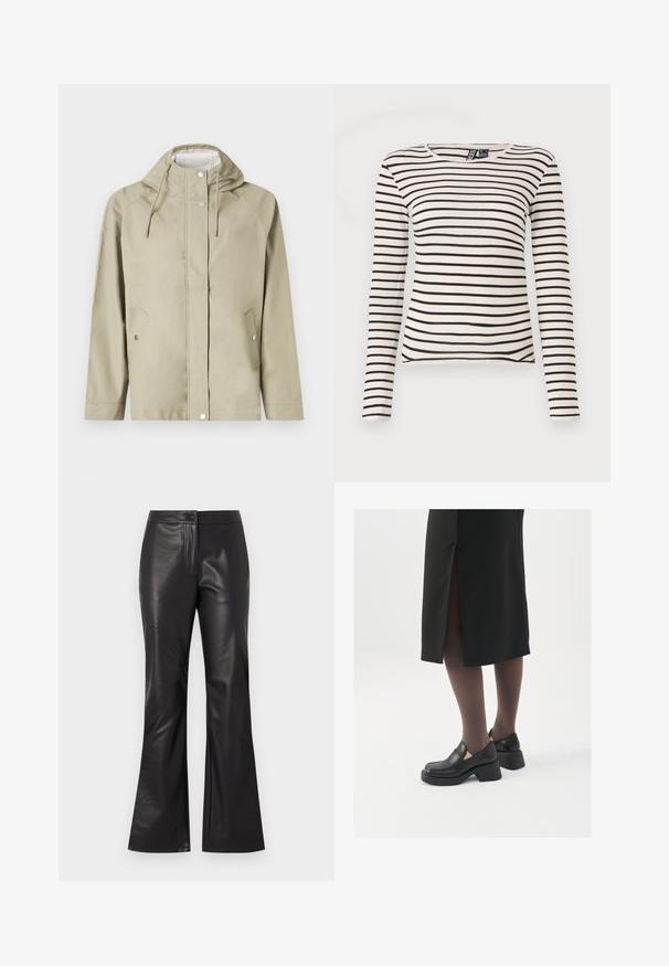 Casaco impermeável bege claro com capuz, botões de pressão, dois bolsos frontais e cordões ajustáveis. Textura suave, design minimalista.; T-shirt de manga longa listrada em creme e preto. Apresenta uma textura canelada e um decote redondo. Barra reta com pequenas fendas laterais.; Calças de couro pretas com um acabamento suave, apresentando um fecho frontal com zíper e botão. O design é ajustado na anca, alargando na bainha.; Sapatos de couro pretos com bico arredondado, salto bloco grosso e detalhes elásticos laterais, combinados com meias escuras e uma saia preta com uma abertura.