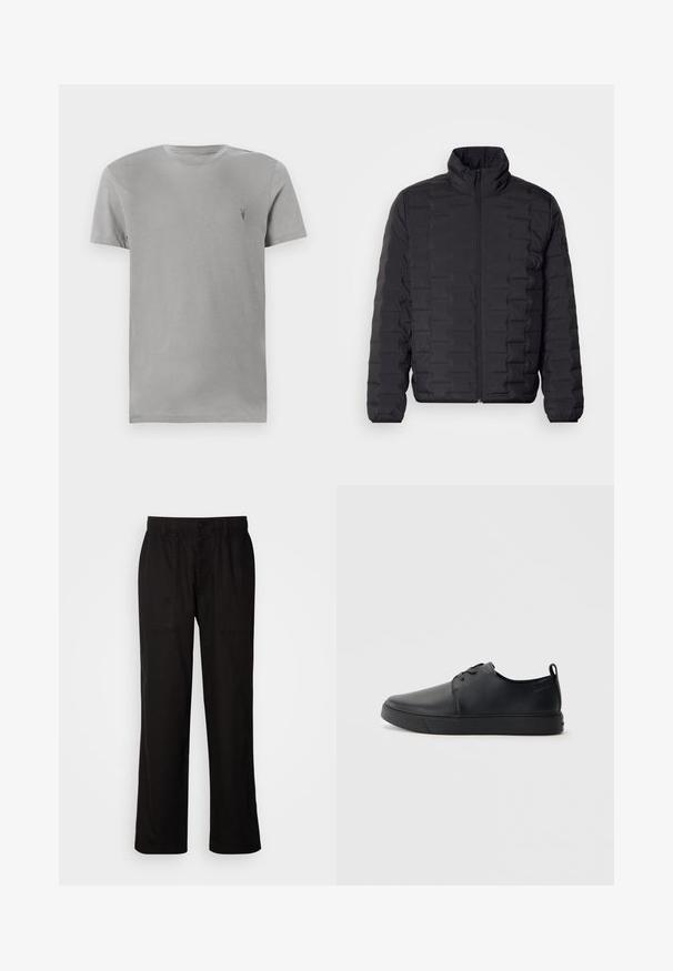 Černá péřová bunda s vysokým límcem, s prošívaným designem a předním zipem. Hladký, lehký materiál, ideální pro teplo.; Šedé bavlněné tričko s kulatým výstřihem a krátkými rukávy. Na horní levé straně se nachází malé tmavé logo. Klasický střih, hladký povrch.; Černé kalhoty s uvolněným střihem, vyrobené z lehké tkaniny. Mají elastický pas, knoflíkový uzávěr a dvě přední kapsy.; Černé kožené tenisky s hladkým povrchem, zaoblenou špičkou, tónovým prošíváním, šněrovacím uzávěrem a plochou gumovou podrážkou. Očko na patě.