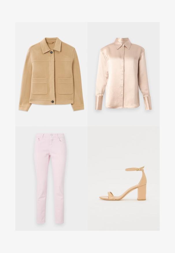 Svetlo rjav dolgi plašč z dolgimi rokavi, ovratnikom, sprednjim zapiralom na gumb ter dvema velikima kvadratnima žepoma na belem ozadju.; Satinasta bluzica v mehki bež barvi s klasičnim ovratnikom, dolgimi rokavi, zapenjanjem na gumb in nekoliko ohlapnim krojem. Gladka tekstura, minimalno okrašena.; Svetlo roza kavbojke s slim fit krojem, z gumbom in zadrgo, petimi žepi ter detajli šivanja.; Nude lakirane sandale s peto, kvadratnim vrhom, trakico okoli gležnja in debelim blok petam. Gladka tekstura in minimalni oblikovni detajli.