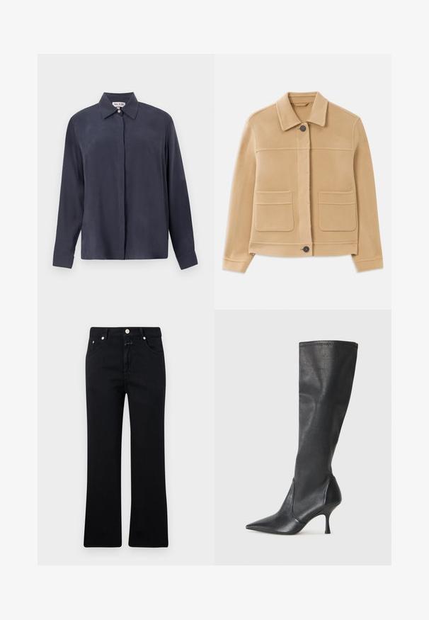 Svetlohnedá bunda s dlhým rukávom a golierom, s predným zapínaním na gombíky a dvoma veľkými štvorcovými vreckami na bielom pozadí.; Tmavomodrá košeľa s dlhým rukávom vyrobená z hladkej tkaniny, s klasickým golierom a zapínaním na gombíky. Voľný strih s manžetami.; Čierne džínsy so strihom s rovnými nohavicami, v štýle s piatimi vreckami, s kovovými komponentmi a mäkkou denimovou textúrou. Minimalistické a jednotné vo farbe.; Čierne kožené čižmy do výšky kolien s špicatou špičkou a úzkym stiletto podpätkom. Hladká textúra s priliehavým dizajnom a prešitím na vrchnom okraji.