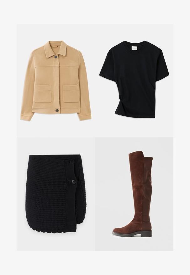 Light brown long-sleeve jacket with collar, front button closure, and two large square pockets on a white background.; Black t-shirt made of soft cotton, featuring a crew neckline, short sleeves, and a slightly twisted design for a relaxed fit.; Black knitted wrap featuring a textured pattern, scalloped hem, and two large buttons for closure. Soft material with a cozy design.; Tall brown suede and fabric boot with low black heel and rounded toe, shown in side view on plain white background.