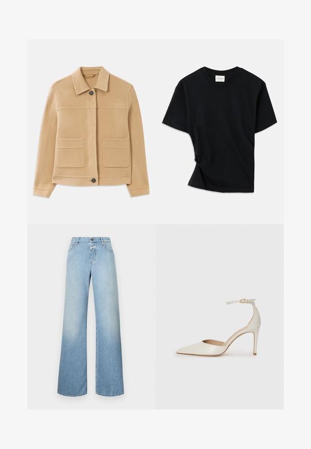 Chaqueta de manga larga marrón claro con cuello, cierre frontal de botones y dos grandes bolsillos cuadrados sobre un fondo blanco.; Camiseta negra hecha de algodón suave, con cuello redondo, mangas cortas y un diseño ligeramente retorcido para un ajuste relajado.; Jeans de pernera ancha de color azul claro, fabricados en denim, con una cintura alta, cinco bolsillos y un cierre de botón. Textura suave con detalles desgastados.; Zapato de tacón alto de cuero blanco con punta afilada, correa en el tobillo y un delgado tacón de aguja. Textura lisa con un sutil acabado brillante.