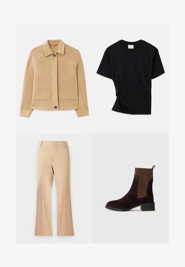 Kerge pruun pikkade varrukatega jakk kraega, ees nup closure ja kaks suurt ruudukujulist taskut valge taustal.; Must musta pehmeast puuvillast, millel on ümar kaelus, lühikesed varrukad ja kergelt keeratud disain, et tagada mugav istuvus.; Beezhivärvi laiad püksid siledast materjalist, keskmise kõrgusega talje ja puhaste eesplekkidega. Lihtne disain, ilma nähtavate ääristeta.; Pruunist südamikust ankle saapad, millel on tekstuuriga pruun täispind, sile viimistlus, madal ploki kant ja tõmbeülesanne kand, et kanda mugavalt.