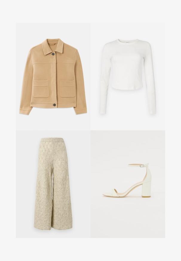 Vaaleanruskea pitkähihainen takki, jossa on kaulus, nappikiinnitys edessä ja kaksi suurta neliömäistä taskua valkoisella taustalla.; Valkoinen pitkähihaisessa ribbipaitassa on pyöreä pääntie ja lyhyt helma. Pehmeä rakenne ja minimalistinen muotoilu, jossa on pieni logo sivulla.; Housut, joissa on leveät lahkeet, vaaleassa beigeessä, neulotussa tekstuurissa, jossa on aaltoileva kuvio. Varustettu joustavalla vyötärönauhalla mukavuutta varten ja löysällä istuvuudella.; Valkoiset nahkaiset tukikorkosandaalit, joissa on nilkkahihna soljella ja minimalistinen muotoilu. Avoin varvas ja sileät pinnat koko kengässä.