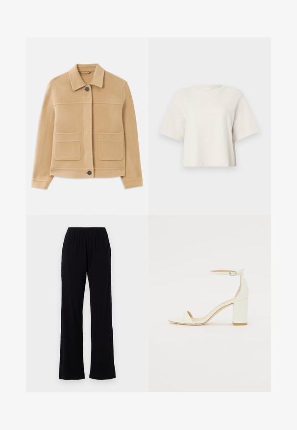 Svetlo rjav dolgi plašč z dolgimi rokavi, ovratnikom, sprednjim zapiralom na gumb ter dvema velikima kvadratnima žepoma na belem ozadju.; Kremna skrajšana majica narejena iz rebraste tkanine, z okroglim izrezom in kratkimi rokavi ter sproščenim krojem.; Črne, lahke, elastične hlače z ravnim krojem. Mehka tekstura brez vidnih vzorcev ali dodatkov. Preprost in vsestranski slog.; Bela usnjena sandala z blok peto, ki ima zanko okoli gležnja s sponko in minimalističen dizajn. Odkrit prst in gladke teksture po vsej površini.