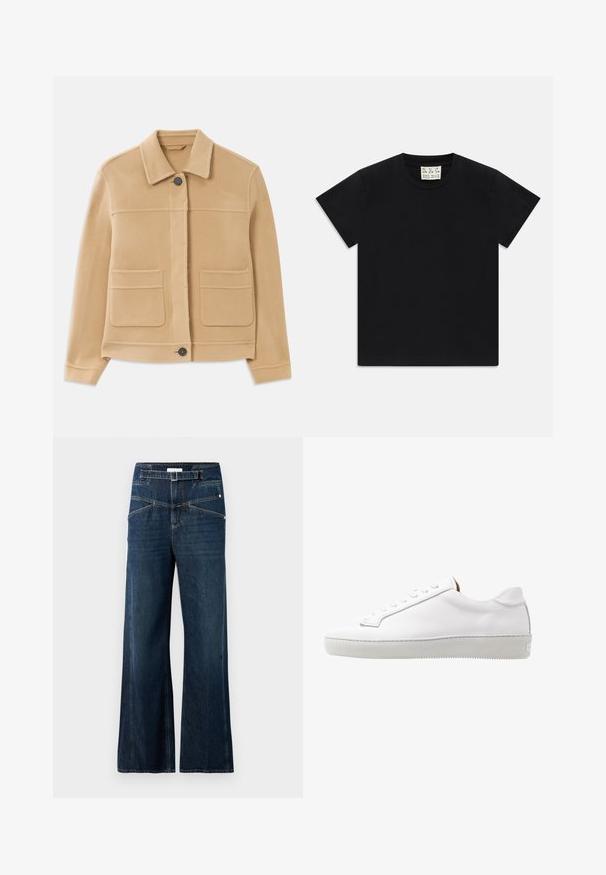 Helle braune Langarmjacke mit Kragen, Frontknopfverschluss und zwei großen quadratischen Taschen auf weißem Hintergrund.; Schwarzes Kurzarm-T-Shirt mit Rundhalsausschnitt und einem weißen Etikett im Kragen, darauf steht "D.R.C. EST. 2002", vor einem weißen Hintergrund.; Weite Jeans aus dunkelblauem Denim mit hohem Bund, zwei Vorderaschen und kontrastierenden Nähten.; Weiße Leder-Sneaker mit glatter Textur, runder Zehenpartie, flacher Sohle, gestickten Details und fünf Paar Ösen für die Schnürsenkel. Minimalistisches Design.