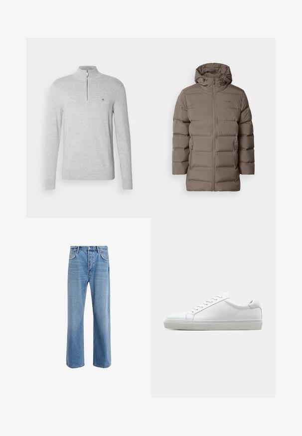 Rjava podložena jakna s kapuco, ki ima sprednji zadrgo in stranske žepe. Material se zdi gladek s prešito zasnovo za izolacijo.; Siv pulover s visokim ovratnikom in polovičnim zadrgo. Ima teksturirano tkanino in majhno logotip na prsih. Dolgi rokavi.; Svetlo modre denim kavbojke s ravno nogavico, petimi žepi, z gumbom za zapiranje, minimalnim zbledelostjo in kontrastnimi šivi.; Bela športna obutev z gladkim usnjenim zgornjim delom in nizkim profilom. Ima zaokrožen nos, šest lukenj za vezalke in teksturiran gumijast podplat.