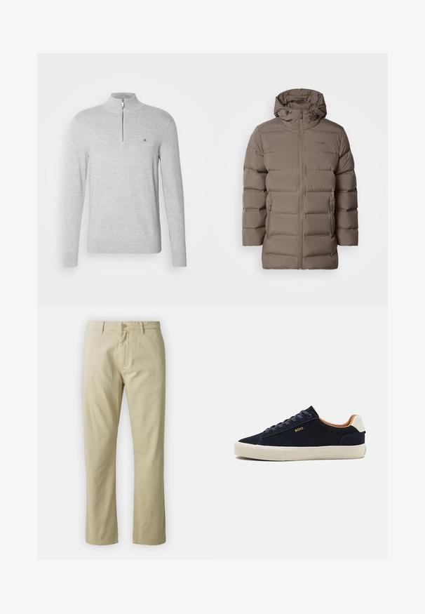 Barna, párnázott dzseki kapucnival, elülső cipzárral és oldalsó zsebekkel. Az anyag simának tűnik, párnázott mintázattal a szigetelés érdekében.; Szürke pulóver, magas gallérral és félig cipzárral. Texturált anyag jellemzi, és egy kis logó a mellrészen található. Hosszú ujjú.; Beige színű, egyenes lábú pamut nadrág, elöl gombos záródással és övhurkokkal. Simaság jellemzi, látható minták vagy díszítések nélkül.; Kék velúr alacsony sneakers bézs talppal, kontrasztos barna belső résszel és logóval a külső oldalon. Kerek fűzőkkel és sima textúrával rendelkezik.