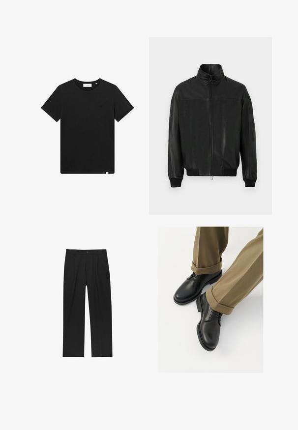 Fekete bőrkabát magas gallérral, elülső cipzáras záródással és bordázott mandzsettákkal. Fényes textúra és minimalista dizájn.; Fekete rövid ujjú pamut póló, kerek nyakkal és egy kis géppel hímzett logóval a mellrészen. Sima tapintás, szabványos illeszkedés.; Fekete nadrág egyenes szárú kialakítással, sima anyagból készült. Elöl redők és egy gombos záródás található a derékon.; Fekete bőröntyös cipők sima felülettel, fűzővel és kerek orral, feltekerhető khaki nadrággal párosítva.