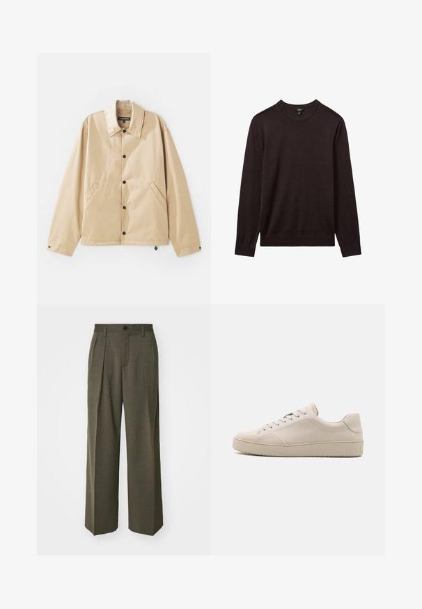 Šviesiai ruda lengva striukė su apykakle, snap užtrauktuku, šoninėmis kišenėmis ir lygia tekstūra. Viduje yra prekės ženklo etiketė.; Reiss Džemperis - dark bordeaux; Filippa K WIDE TROUSERS - Kelnės - driftwood; Kreminės odinės sportbačiai su lygiu paviršiumi, apvaliu priekiu, plokščiu padu ir klasikiniu raištelių užsegimu. Diskretiški siuvinėjimo akcentai ir tekstūruotas padas.