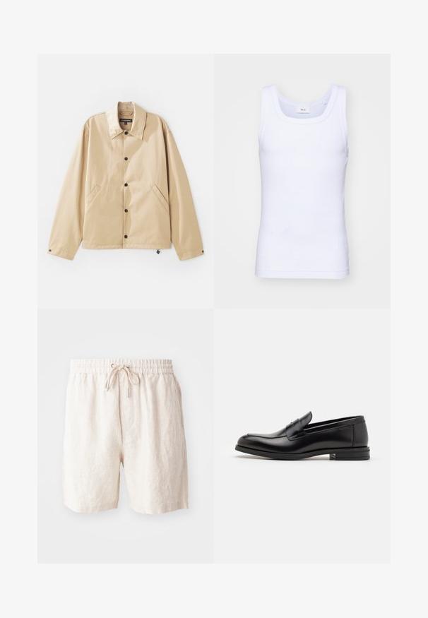Világosbarna, könnyű dzseki, galléros nyakkal, patentos záródással, oldalsó zsebekkel és sima textúrával. Belső részen márkás címkével rendelkezik.; Fehér pamut ujjatlan trikó kerek nyakkivágással, sima textúrával és testhezálló fazonnal, amelyet hétköznapi viseletre terveztek.; Beige lenvászon sort, rugalmas derékkal, állítható zsinórral és oldalzsebekkel. Puha tapintású, laza szabású.; Fekete bőr loaferek sima textúrával, kerek orral és dekoratív pánttal a vampnál. Alacsony, rétegelt sarkú, minimalista dizájn.