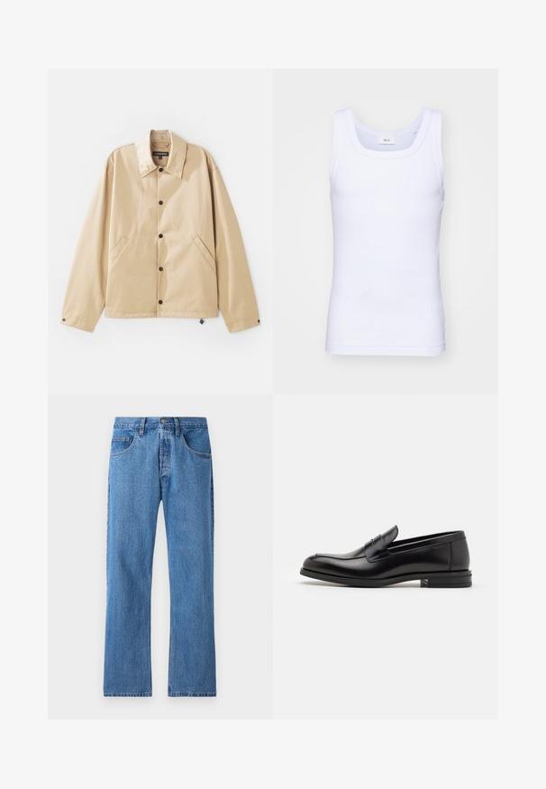 Béžová ľahká bunda s golierom, zapínaním na cvoky, bočnými vreckami a hladkou textúrou. Vo vnútri je umiestnená označenie značky.; Biela bavlnená tielko bez rukávov s okrúhlym výstrihom, s hladkou textúrou a priliehavým strihom, navrhnuté pre neformálne nosenie.; Modré džíny z denimu so strihom s rovnými nohavicami, piatimi vreckami, zapínaním na gombík a jemným vyblednutím. Obsahujú štandardné šitie a pás s pútkami na opasok.; Čierne kožené mokasíny s hladkou textúrou, zaoblenou špičkou a dekoračným pásikom cez priehlavok. Nízky vrstvený opätok, minimalistický dizajn.
