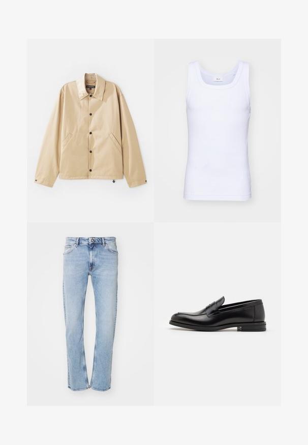 Lagani bež jakna s ovratnikom, zatvaranjem na zakovice, bočnim džepovima i glatkom teksturom. Ima oznaku branda unutar.; Bijela pamučna bezrukavna majica s okruglim izrezom, s glatkom teksturom i prilagođenim oblikom, dizajnirana za ležerno nošenje.; Tiger of Sweden Traperice uskog kroja - dust blue; Crni kožni mokasini s glatkom teksturom, zaobljenim prstima i ukrasnom trakom preko prednjeg dijela. Niski slojeviti potplat, minimalistički dizajn.