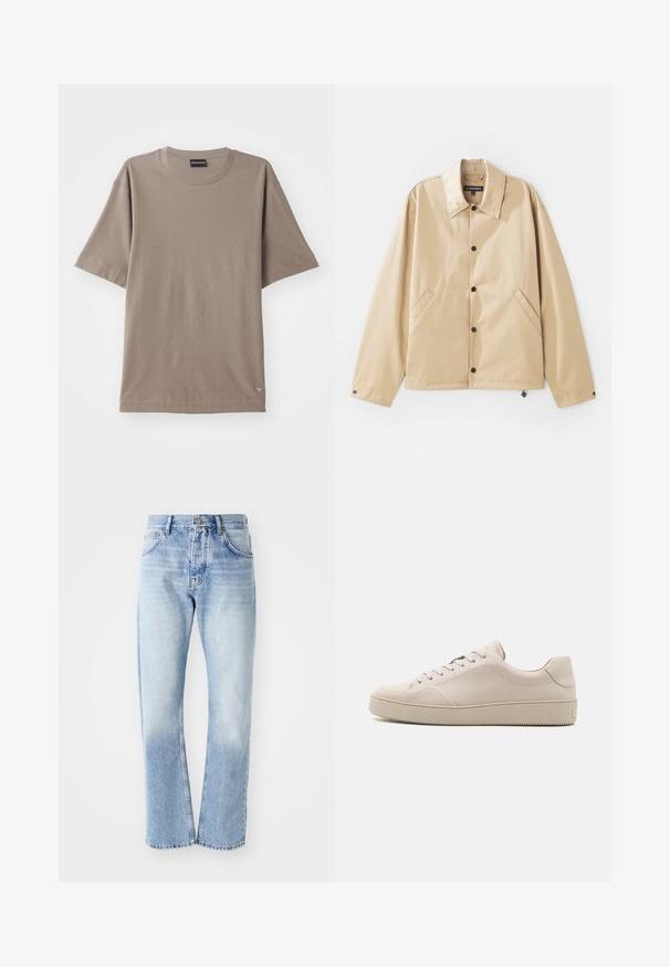 Tan lightweight jacket with a collared neck, snap-button closure, side pockets, and a smooth texture. Features a branded label inside.; Brown short-sleeve t-shirt with a crew neck design, featuring a subtle textured pattern and a small logo tag on the lower left side.; Light blue denim jeans with a straight-leg cut. Features a five-pocket design, button fly, and faded texture towards the bottom.; Beige leather sneakers with a smooth finish, rounded toe, flat sole, and classic lace-up design. Subtle stitching accents and textured outsole.