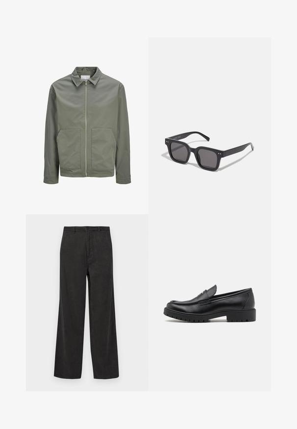Jack & Jones JJWINSON WORKER - Leichte Jacke - agave green; Weißes kurzärmeliges T-Shirt aus weichem Stoff. Rundhalsausschnitt, lockere Passform und einfaches Design ohne Verzierungen oder Muster.; Schwarze Cordhosen mit weiter Beinweite, versehen mit vertikaler gerippter Textur, einem Reißverschluss und Knopfverschluss sowie Fronttaschen.; Schwarze Lederloafers mit runder Zehenform, eleganter Schlupfdesign und dicker Gummisohle mit strukturiertem Griff. Erhöhter Absatz und dezente Nähdetails.; Schwarze rechteckige Sonnenbrillen mit dunklen Gläsern, die einen dicken Rahmen, subtile Akzente an den Seiten und keine sichtbaren Logos außer dem Markennamen aufweisen.