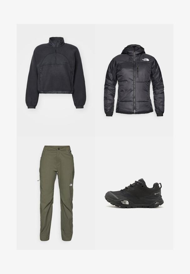 Casaco puffer preto com fecho éclair à frente, capuz ajustável e um bolso no peito. Apresenta um logótipo no canto superior esquerdo e punhos elásticos.; Salomon OUTLINE NOV CROP - Camisola de lã polar - deep black; The North Face EXPLORATION PANTS - Calças para exterior - new taupe green; Shoe de caminhada preto com um upper texturizado, fecho de atacador e uma sola de borracha robusta com um logótipo proeminente na lateral e padrões de piso.