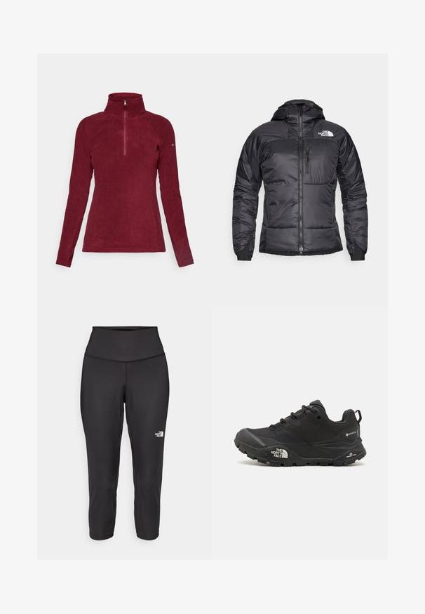 Giacca a vento nera con zip frontale, cappuccio regolabile e tasca sul petto. Presenta un logo sulla parte superiore sinistra e polsini elasticizzati.; Felpa rossa bordeaux da donna a maniche lunghe, con colletto alto e chiusura frontale con zip a quarto, mostrata su uno sfondo semplice.; Leggings capri neri realizzati in tessuto elastico, dotati di un alto punto vita e un piccolo logo bianco sul lato sinistro. Texture liscia.; Scarpa da trekking nera con una tomaia texturizzata, chiusura con lacci e una suola di gomma spessa che presenta un logo prominente sul lato e disegni del battistrada.