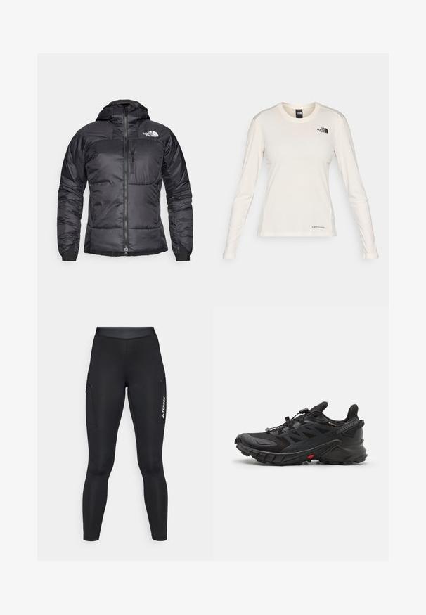 Svart pufferjacka med dragkedja fram, justerbar huva och bröstficka. Har en logotyp på övre vänster sida och elastiska manschetter.; The North Face SHADOW LONG SLEEVE - Långärmad tröja - white dune; Svarta sportleggings med en åtsittande design, tillverkade av stretchmaterial. Har sidofickor och vit "TERREX"-logotyp.; Svarta sportskor med en strukturerad ovandel, utrustade med ett säkert snörningssystem, en dämpad sula och en framträdande röd detalj på sidan.
