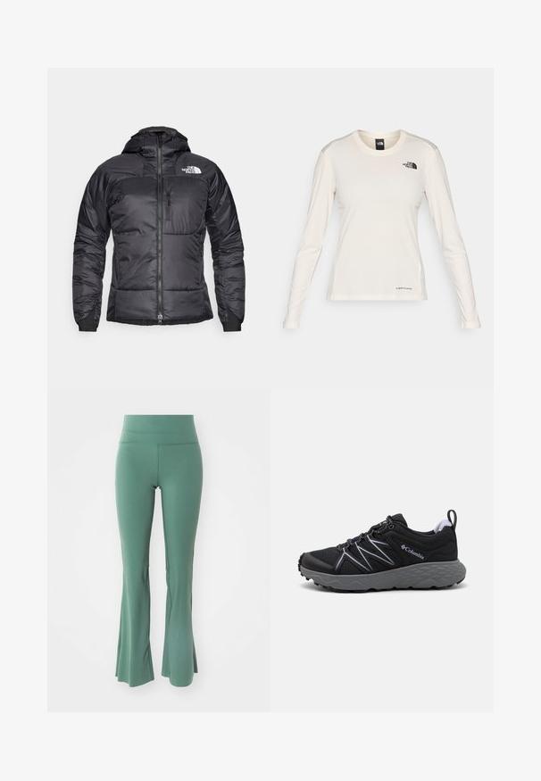 Fekete puffertanács cipzáras elejével, állítható kapucnival és mellzsebbel. Az upper bal oldalon logó található, valamint elasztikus mandzsetták.; The North Face SHADOW LONG SLEEVE - Hosszú ujjú felső - white dune; Részben bővülő zöld leggings rugalmas szövetből. Magas derékkal és sima textúrával rendelkezik, a kényelem és a mozgás érdekében tervezték.; Fekete sportcipő szürke középtalppal, texturált hálós felső résszel, fényvisszaverő részletekkel és gumitalppal, amelynek taposó mintázata van. Zsinórok togglival.