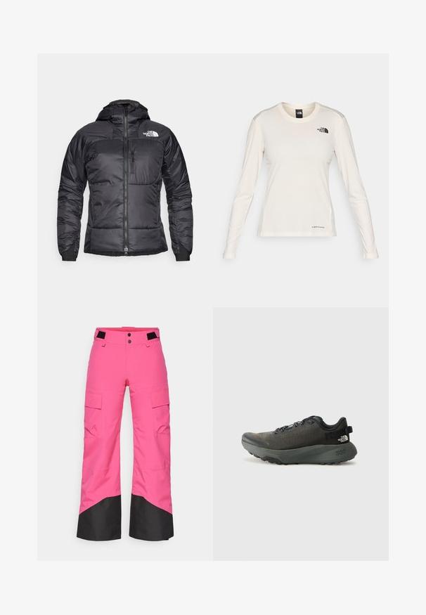 Jachetă puffer neagră cu fermoar frontal, glugă ajustabilă și un buzunar pe piept. O caracteristică este un logo pe partea stângă sus și manșete elastice.; The North Face SHADOW LONG SLEEVE - Bluză cu mânecă lungă - white dune; Pantaloni de schi roz cu o porțiune inferioară neagră, fabricați din material durabil. Au buzunare cargo și un design cu picioare late pentru confort și mobilitate.; Pantofii sport de culoare gri închis au un superior din material texturat, șireturi plate, vârf întărit și o talpă groasă, robustă pentru aderență. Numărul 300 este embosat pe toc.