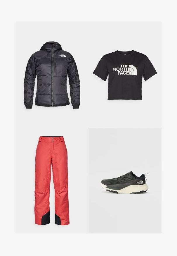 Črna pufastna jakna z zadrgo spredaj, nastavljivo kapuco in žepom na prsih. Ima logo na zgornji levici in elastične zapestnike.; Črna kratka majica iz bombaža, ki ima spredaj bel logotip s ukrivljenimi akcenti in besedilom "THE NORTH FACE". Kratke rokave, okroglo izrezan ovratnik.; Rde hlače za sneg z gladko teksturo, širokim krojem in črnimi detajli na manšetah. Zapnete jih z dvema gumboma pri pasu.; Črne atletske čevlje z teksturiranim zgornjim delom, ki imajo sivo obrobo in belo srednjo podplat. Vključujejo zanko za vprego in izstopajočo blagovno znamko na peti.