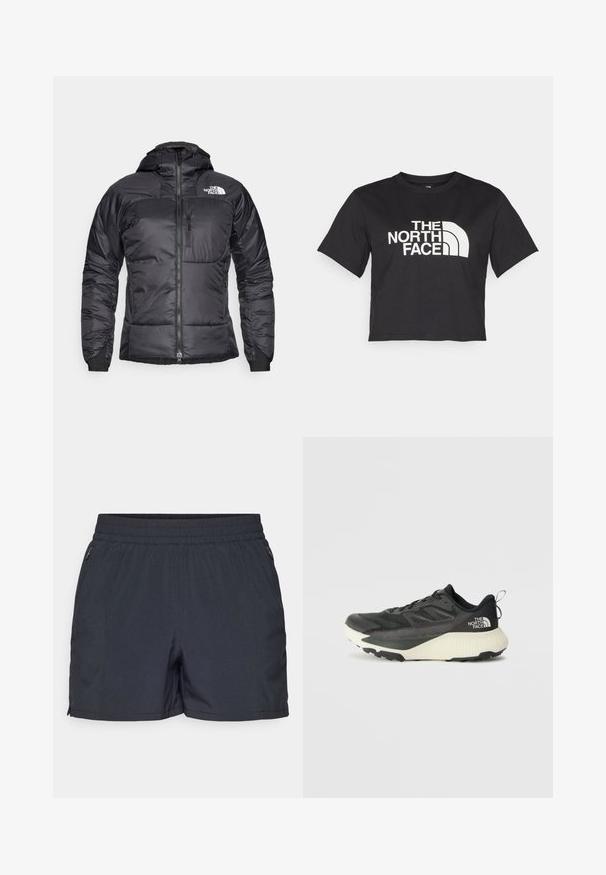 Čierna pérová bunda so zipsom vpredu, nastaviteľnou kapucňou a vreckom na hrudi. Obsahuje logo na hornej ľavej strane a elastické manžety.; Čierne skrátené tričko z bavlny, s bielym logom s krivkami a textom "THE NORTH FACE" na prednej strane. Krátke rukávy, okrúhly výstrih.; Tmavé šedé šortky vyrobené z ľahkého materiálu, s elastickým pásom, bočnými vreckami so zipsom a rovný strih.; Čierna atletická obuv s textúrovaným vrchom, s šedými akcentmi a bielou medzipodrážkou. Obsahuje pútko a výrazné logo značky na päte.