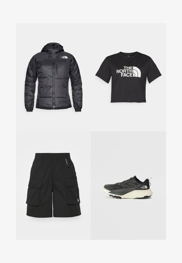 Melnas pūkainās jakas ar rāvējslēdzēja priekšpusi, regulējamu kapuci un krūšu kabatu. Iespējas ietver logo augšējā kreisajā stūrī un elastīgus piedurknes.; Melnā īsā t-kreklā no kokvilnas, ar baltu logo un izliektiem akcentiem, uz kura ir uzraksts "THE NORTH FACE" priekšpusē. Īsas piedurknes, apaļa izgriezuma kakla daļa.; Melni kokmuišo šorti, izgatavoti no viegla auduma, ar elastīgu jostasvietu, divām sānu kabatām un mazu logo uz kājas.; Melna sporta kurpe ar teksturētu augšdaļu, kurai ir pelēki akcenti un balts vidusdaļa. Ietver vilkšanas cilpu un izteiktu zīmola logo uz papēža.