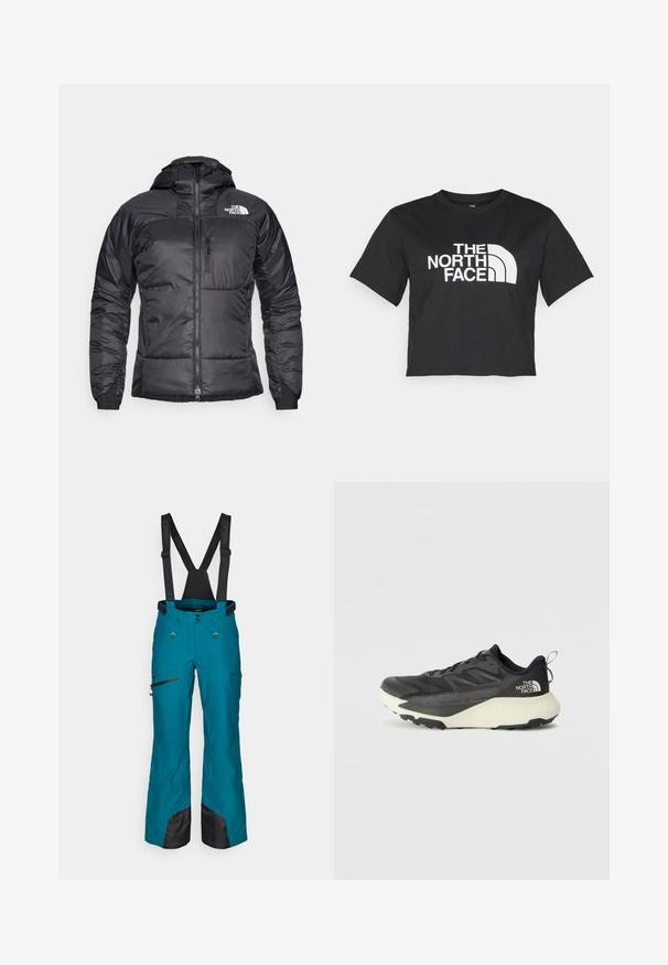Crna puf jakna s patentnim zatvaračem sprijeda, podesivom kapuljačom i džepom na prsima. Sadrži logo na gornjoj lijevoj strani i elastične manžete.; Crni kratki majica od pamuka s bijelim logotipom s zakrivljenim naglasima i tekstom "THE NORTH FACE" sprijeda. Kratki rukavi, okrugli ovratnik.; Tirkizne skijaške hlače s podesivim crnim naramenicama, džepovima s patentnim zatvaračem i ojačanim crnim materijalom na rubovima radi izdržljivosti.; Crna atletska cipela s teksturiranim gornjim dijelom, sivim detaljima i bijelim međuslojem. Ima držač i istaknutu marku na peti.