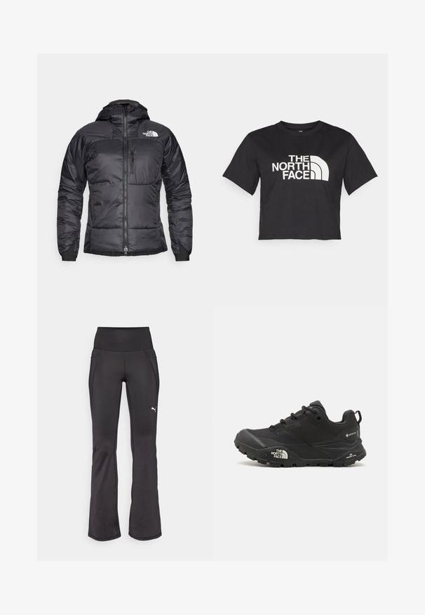 Must elasthülsi jakk, millel on lukuga esiosa, reguleeritav kapuuts ja rinnatasku. Esitletud on logo vasakul ülal ja elastsed mansetid.; Must must kleidend t-särk, millel on valge logo ja kõverad aktsendid, esiküljel tekst "THE NORTH FACE". Lühikesed varrukad, ümar kaelus.; Mustad laienevate säärega treeningpüksid, millel on kõrge vöökoht, elastne kangas, kaunistatud valge tikandiga brändi logoga ja peente õmblusdetailidega.; Mustad matkajalanõud musta värvi, tekstuurse ülemise osa, paeltega kinnituse ja volüümika kummitald, millel on silmapaistev logo külgedel ja mustrimuster.