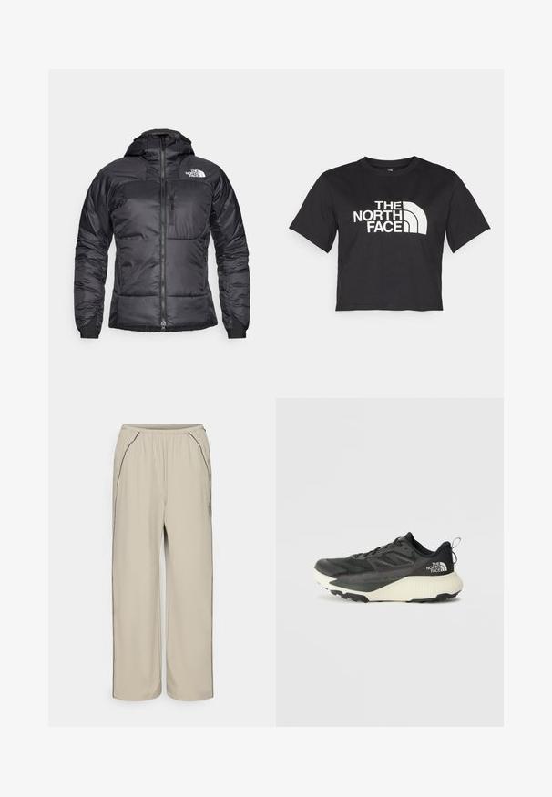Černá péřová bunda se zipem na přední straně, nastavitelnou kapucí a kapsou na hrudi. Obsahuje logo na horní levé straně a elastické manžety.; Černé zkrácené tričko vyrobené z bavlny, s bílým logem s prohnutými akcenty a textem "THE NORTH FACE" na přední straně. Krátké rukávy, kulatý výstřih.; Beige, lehké kalhoty s elastickým pasem, bočními kapsami a kontrastním černým švem. Rovný střih, hladká textura.; Černá sportovní bota s texturovaným svrškem, s šedými akcenty a bílou mezipodešví. Obsahuje poutko a výrazné logo značky na patě.
