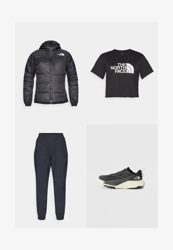 Crna puf jakna s patentnim zatvaračem sprijeda, podesivom kapuljačom i džepom na prsima. Sadrži logo na gornjoj lijevoj strani i elastične manžete.; Crni kratki majica od pamuka s bijelim logotipom s zakrivljenim naglasima i tekstom "THE NORTH FACE" sprijeda. Kratki rukavi, okrugli ovratnik.; Nave plave, lagane hlače sa suženim oblikom nogu. Imaju elastičan pojas i dva bočna džepa sa patentnim zatvaračem. Glatka tekstura.; Crna atletska cipela s teksturiranim gornjim dijelom, sivim detaljima i bijelim međuslojem. Ima držač i istaknutu marku na peti.