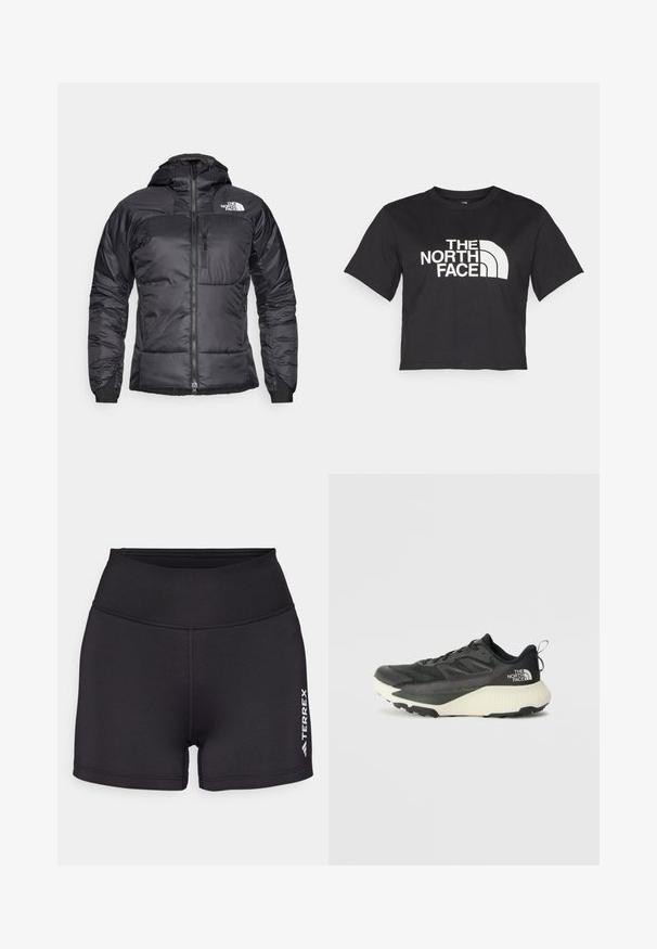 Melnas pūkainās jakas ar rāvējslēdzēja priekšpusi, regulējamu kapuci un krūšu kabatu. Iespējas ietver logo augšējā kreisajā stūrī un elastīgus piedurknes.; Melnā īsā t-kreklā no kokvilnas, ar baltu logo un izliektiem akcentiem, uz kura ir uzraksts "THE NORTH FACE" priekšpusē. Īsas piedurknes, apaļa izgriezuma kakla daļa.; Melnas sporta bikses, izgatavotas no gluda, elastīga materiāla ar augstu jostasvietu. Pilnveidota ar balto "TERREX" logotipu apakšējā labajā pusē.; Melna sporta kurpe ar teksturētu augšdaļu, kurai ir pelēki akcenti un balts vidusdaļa. Ietver vilkšanas cilpu un izteiktu zīmola logo uz papēža.