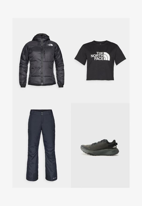 Melnas pūkainās jakas ar rāvējslēdzēja priekšpusi, regulējamu kapuci un krūšu kabatu. Iespējas ietver logo augšējā kreisajā stūrī un elastīgus piedurknes.; Melnā īsā t-kreklā no kokvilnas, ar baltu logo un izliektiem akcentiem, uz kura ir uzraksts "THE NORTH FACE" priekšpusē. Īsas piedurknes, apaļa izgriezuma kakla daļa.; Tumši zili siltināti slēpošanas bikses ar taisnu kāju dizainu. Iespējas ietver rāvējslēdzēja un pogas aizdari, kabatas un pastiprinātus apakšgalus.; Tumši pelēki sporta apavi ar teksturētu auduma augšdaļu, plakaniem šņorēm, pastiprinātu purngalu un biezu, izturīgu zoli labākai saķerei. 300 izspiestas uz papēža.
