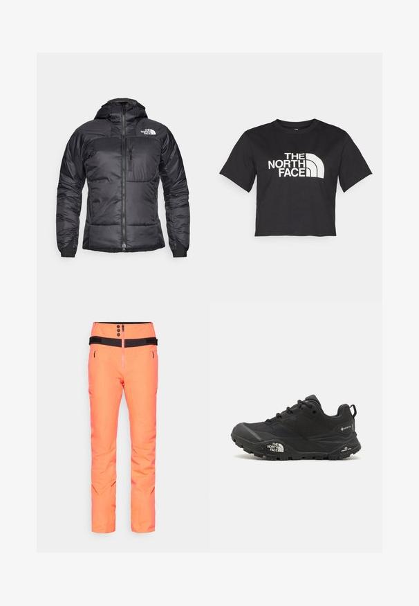 Black puffer jacket with a zippered front, adjustable hood, and a chest pocket. Features a logo on the upper left and elastic cuffs.; Black cropped t-shirt made of cotton, featuring a white logo with curved accents and text "THE NORTH FACE" on the front. Short sleeves, crew neck.; Bright orange ski pants with a high waist, black accents, functional zipper, and two side pockets, made of water-resistant material.; Black hiking shoe with a textured upper, lace closure, and a chunky rubber sole featuring a prominent logo on the side and tread patterns.