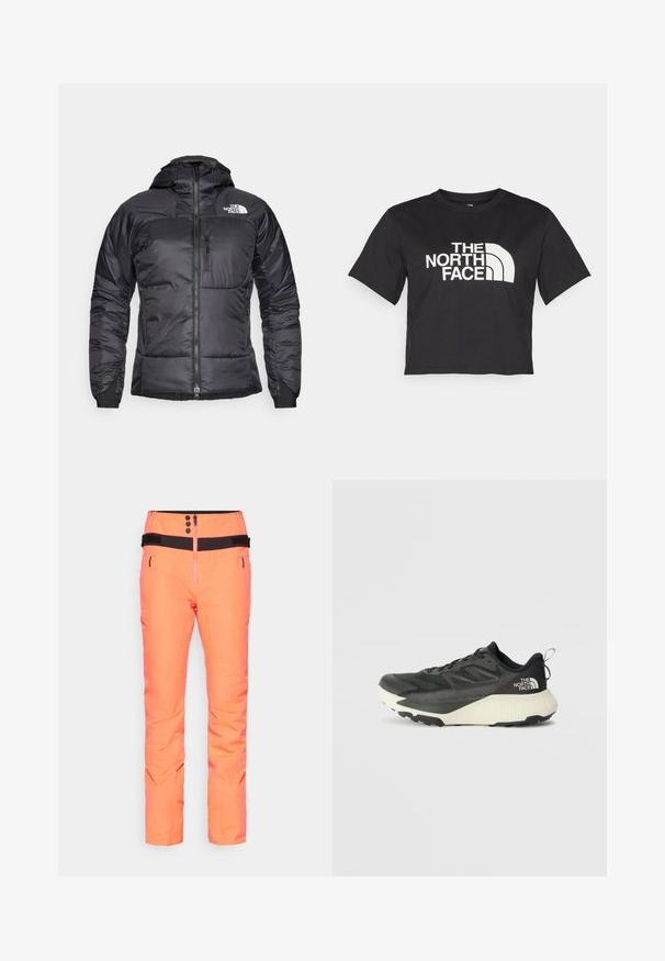 Černá péřová bunda se zipem na přední straně, nastavitelnou kapucí a kapsou na hrudi. Obsahuje logo na horní levé straně a elastické manžety.; Černé zkrácené tričko vyrobené z bavlny, s bílým logem s prohnutými akcenty a textem "THE NORTH FACE" na přední straně. Krátké rukávy, kulatý výstřih.; Světlé oranžové lyžařské kalhoty s vysokým pasem, černými akcenty, funkčním zipem a dvěma bočními kapsami, vyrobené z voděodolného materiálu.; Černá sportovní bota s texturovaným svrškem, s šedými akcenty a bílou mezipodešví. Obsahuje poutko a výrazné logo značky na patě.