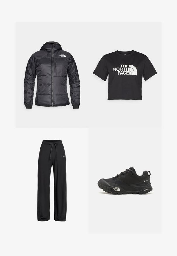 Black puffer jacket with a zippered front, adjustable hood, and a chest pocket. Features a logo on the upper left and elastic cuffs.; Black cropped t-shirt made of cotton, featuring a white logo with curved accents and text "THE NORTH FACE" on the front. Short sleeves, crew neck.; Black ribbed wide-leg pants with an elastic waistband and drawstring, featuring a small logo detail on the front. Smooth texture.; Black hiking shoe with a textured upper, lace closure, and a chunky rubber sole featuring a prominent logo on the side and tread patterns.