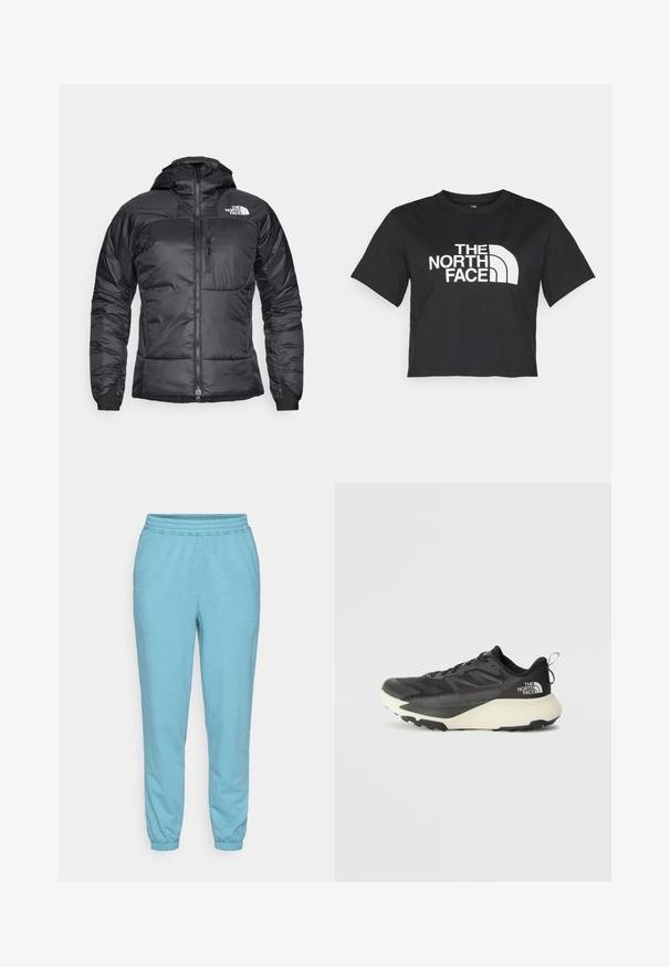 Casaco puffer preto com fecho éclair à frente, capuz ajustável e um bolso no peito. Apresenta um logótipo no canto superior esquerdo e punhos elásticos.; T-shirt cropped preta feita de algodão, com um logotipo branco com acentos curvos e o texto "THE NORTH FACE" na parte da frente. Mangas curtas, gola redonda.; Calças de fato de treino azul claro, feitas de um tecido suave e texturizado, com um cós elástico e punhos, em um corte relaxado e pernas ajustadas.; Shoe atlético preto com um cabedal texturizado, apresentando detalhes em cinza e uma entressola branca. Inclui uma alça e um logótipo da marca em destaque no calcanhar.