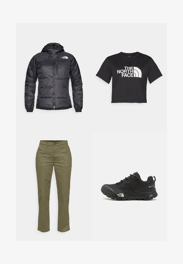 Musta toppatakki, jossa on vetoketjullinen etuosa, säädettävä huppu ja rintatasku. Sisältää logon vasemmassa yläkulmassa ja joustavat hihansuut.; Musta lyhythihainen crop-top, joka on valmistettu puuvillasta. Etupuolella on valkoinen logo, jossa on kaarevat koristelut ja teksti "THE NORTH FACE". Lyhyet hihat, pyöreä kaula-aukko.; Oliivivihreät puuvillahousut suoran lahkeen muotoilulla, joissa on edessä nappisulku, kaksi sivutaskua ja vahvistetut saumat.; Musta vaelluskengä, jossa on teksturoitu päällinen, nauhakiinnitys ja paksu kumipohja, jossa on näkyvä logo sivulla ja kavennuskuviointi.